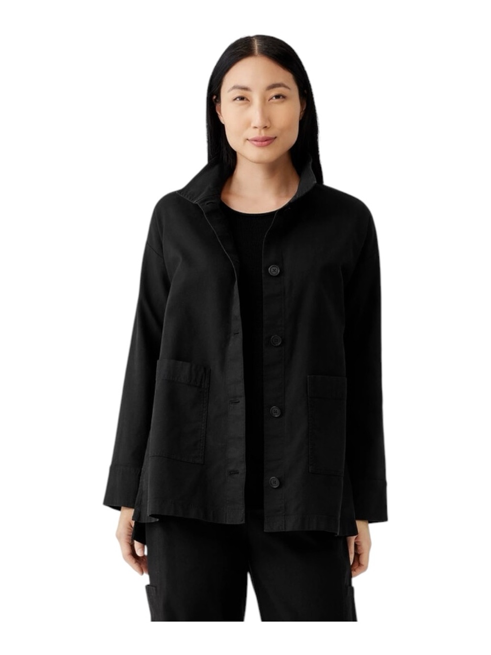 Eileen Fisher Cotton Hemp Stretch Stand Collar Black Button-Front Utility Jacket